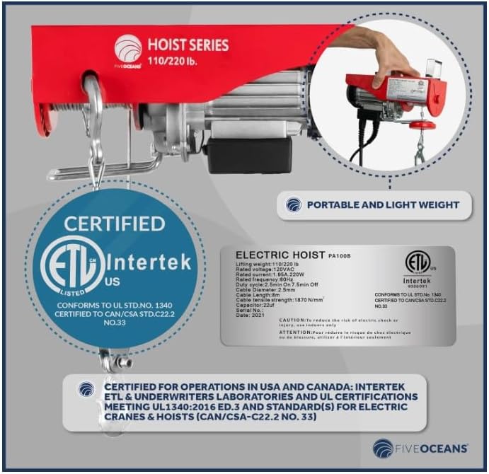 Five Oceans Electric Hoist, Hoist Pulley System, Pulley Hoist, 2200 Lb Lift Electric Winch with 20FT Remote Control 120 Volts, for Garage, Factory Lifting with Emergency Stop Button - FO4339