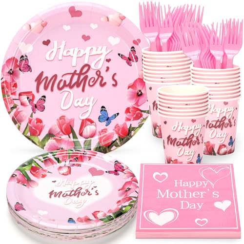 Happy Mother's Day Party Decorations, Mother's Day Party Supplies, Mothers Day Plates and Napkins Set, Cups and Knives for Best Mom Ever Themed Parties Serves 24