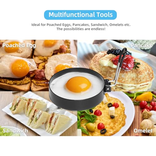 Stainless Steel Egg Rings for Frying Eggs（4 Pack） - 3.5" Round Non Stick Griddle Rings with Oil Brush, Egg Sandwich/Pancake/Cooking Molds, Breakfast Maker Accessories & Egg Separator — view 2