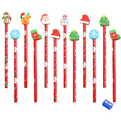 Lápiz de Navidad,12 piezas de lápices de madera de colores con borradores de sacapuntas,patrón de dibujos animados de Navidad de Santa Claus para niños