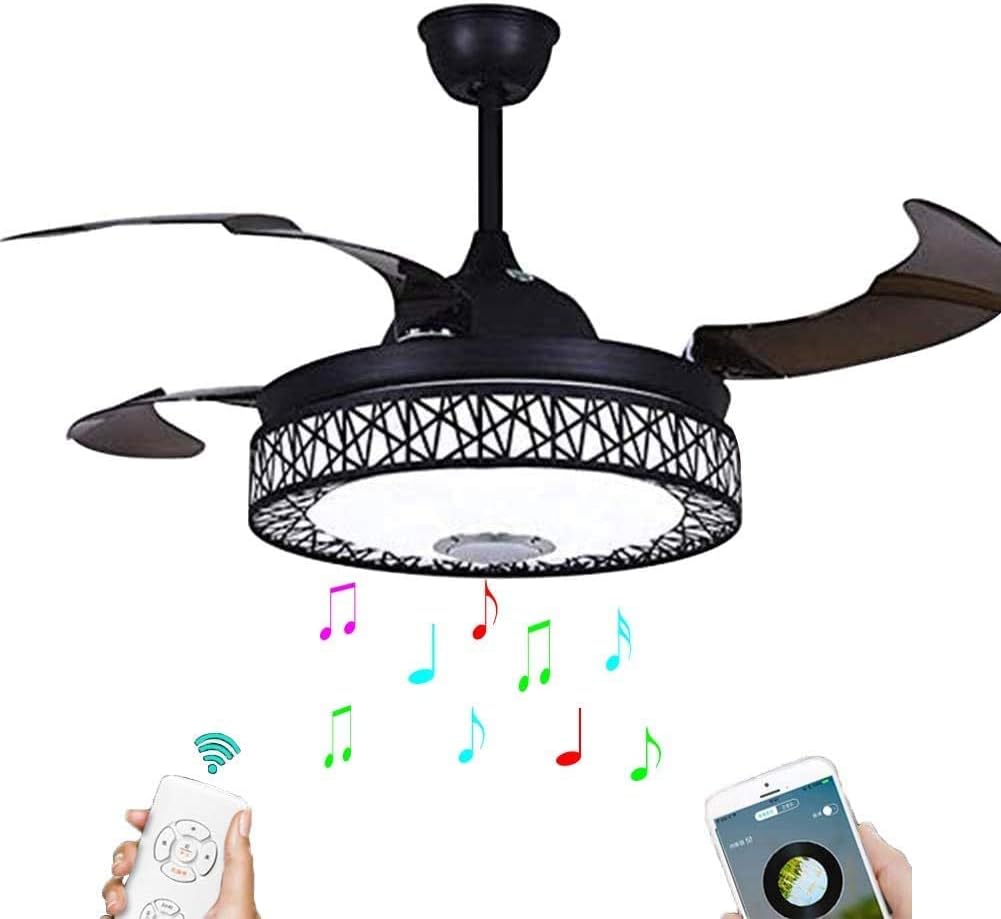 42 Inch Ceiling Fan with Light and Remote LED Three-Light Retractable Blades with Bluetooth Speaker Music Ceiling Light for Living room/Restaurant/Hall