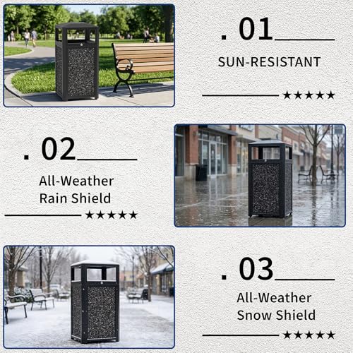 Image of 40 Gallon Commercial Outdoor Trash Can with Lid & Top Tray, Heavy-Duty Powder-Coated Steel Garbage Receptacle with Galvanized Metal Liner, Stone Panel Design for Park, Mall & Public Spaces