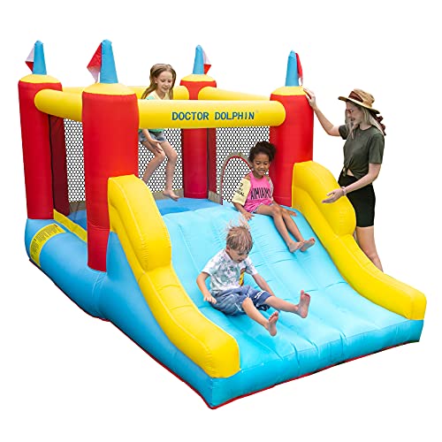 Doctor Dolphin Inflatable Bounce House with Large Slide, Indoor & Outdoor Bouncy Castle for Toddlers, Kids Jumping and Slide Castle with Air Blower