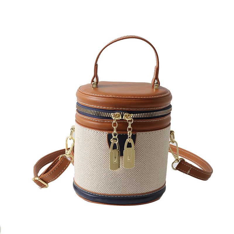 Retro Bucket Bag Color Contrast Cylinder Purse Senior Sense Style Single Shoulder Crossbody Handbag with Zipper