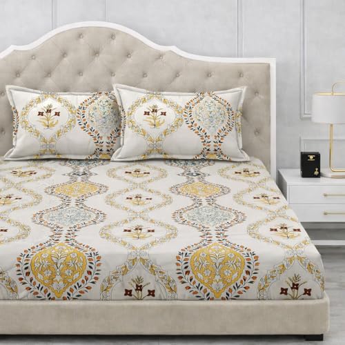 Image of 300 TC Cotton Feel Glace Cotton Elastic Fitted Bedsheet for King Size Double Bed | Fits up to 8 Inch Mattress | Printed Bedsheet with 2 Pillow Covers (White&Yellow, King Size - 72 inchx78 inch)