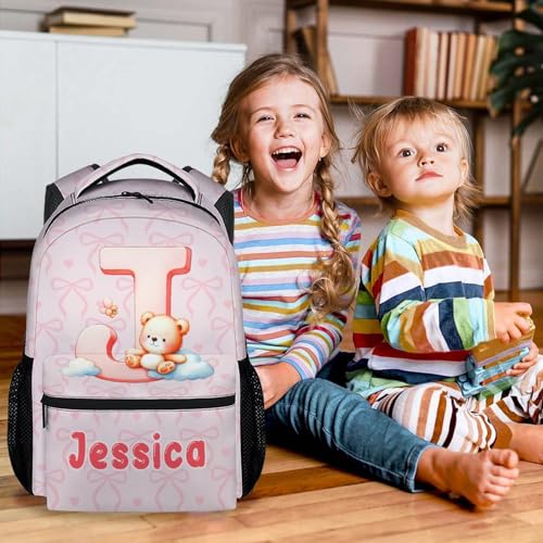 Custom Backpack for Girls 4-6 - 17 Inch Large Capacity Bear Initial Name Backpacks for Elementary - Toddler Girls Lightweight Bookbag4
