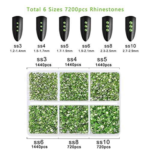 Beadsland SS3-SS10, 7200 sztuk płaskich kamyków strasu, przezroczyste kamienie stras, okrągłe kryształki do rzemiosła artystycznego, mieszane 6 rozmiarów, z zestawem kredek świecowych, kolor jasnozielony