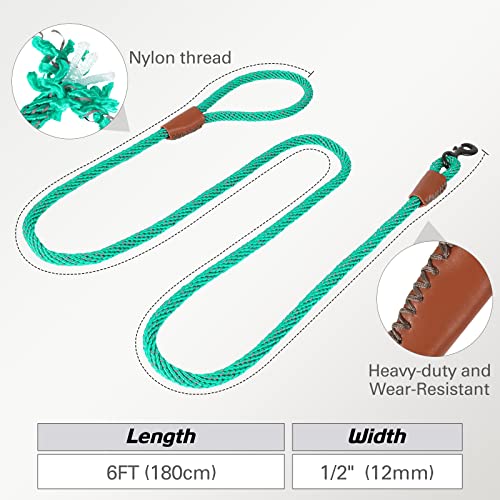 Joytale Dog Leash Large Dogs,6Ft Leash With Reflective Threads,1/2 Inch Heavy Duty Nylon Dog Rope With Leather Connectors For Large Medium Breed Dogs From 15 Lbs To 180 Lbs,Teal #TOP4