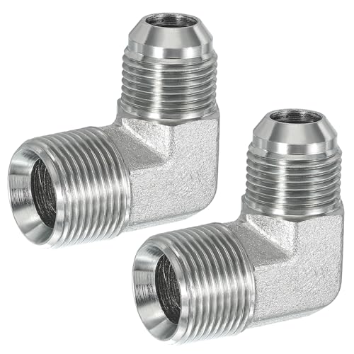 Image of PATIKIL 90 Degree Pipe Adapter, 2 Pcs 7 /8 inch Male 37 Flare JIC x 3 /4 inch BSPT Male Connector Carbon Steel Elbow Fitting for Air Hydraulic Fluid Fuel Water Oil, Silver