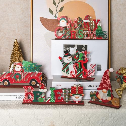 NEROSUN-5-PCS-Christmas-Table-Centerpiece-Decorations-Wooden-Xmas-Snowman-Santa-Claus-Gnome-Table-Decorations-Signs-Merry-Christmas-Table-Toppers-for-Holiday-Home-Party-Indoor-Decor-Red NEROSUN 5 PCS Christmas Table Centerpiece Decorations Wooden Xmas Snowman Santa Claus Gnome Table Decorations Signs Merry Christmas Table Toppers for Holiday Home Party Indoor Decor Red