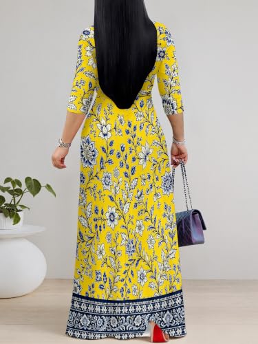 Image of PinkPatty Women's Plus Size Maxi Dresses Casual Flowy 3 /4 Sleeves Dress Printed Vacation Dress for Daily Wear with Belt