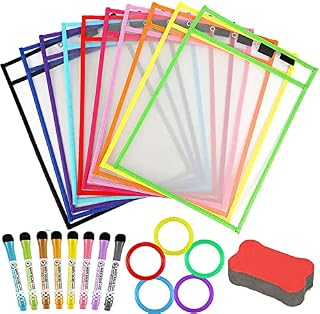 Uhat Reusable Dry Erase Pockets Assorted Colors Sheet Protectors Oversized 10 * 13 Inches Write and Wipe Clean Pockets - Pack 10 with Bone Shape Eraser +8pcs Erase pens for School Work Use Supplies