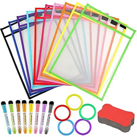 Uhat Reusable Dry Erase Pockets Assorted Colors Sheet Protectors Oversized 10 * 13 Inches Write and Wipe Clean Pockets - Pack 10 with Bone Shape Eraser +8pcs Erase pens for School Work Use Supplies Cover