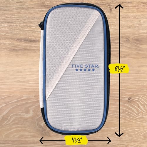 Image of Five Star Pencil Pouch Zipper High-Capacity Storage Organizer Case for Office Supplies Earbuds Chargers Cables Makeup, Tan /Blue (500212A)