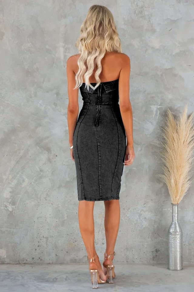 utcoco Denim Dress for Women Strapless Sleeveless Side Slit Sexy Skinny Bodycon Midi Jean Tube Dresses for Women - Image 3