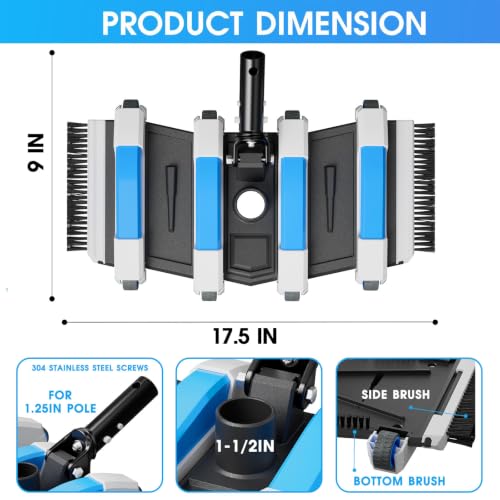Image of Enhanced Pool Vacuum Head with Direction-Control Handle - 17.5in Extra-Wide 4LB Professional Weighted Vac Heads Brush & Wheels -Deep Clean for Vinyl Liner,Inground & Above Ground Swimming Pool - Blue