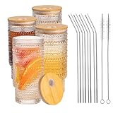 MRZIKPO Drinking Glasses with Bamboo Lids and Glass Straw 4pcs Set,16oz Glass Tumbler Cups,Water Glasses,Iced Coffee Glasses,iced Tea Glasses,Beer Glasses,Ideal for Whiskey,2 Brushes