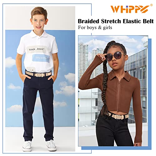 Whippy Kids Braided Stretch Elastic Belt Pin Buckle Leather Loop End Tip Woven Belt For Boys Girls,Beige #TOP2
