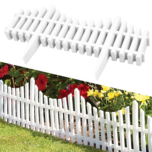 KCT 1 Pack White Picket Fence Garden Border - Interlocking Flexible Lawn Plant Flowerbed Panels - 8 Pieces Total