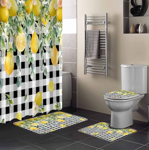 Lemon Check Bathroom Set with Shower Curtain and Rug Accessories - 36x72 Inches Long Black Plaid Eucalyptus Farm Country Flower Stall Curtain Waterproof with Large Bath Mat,Washable Runner Rug Set