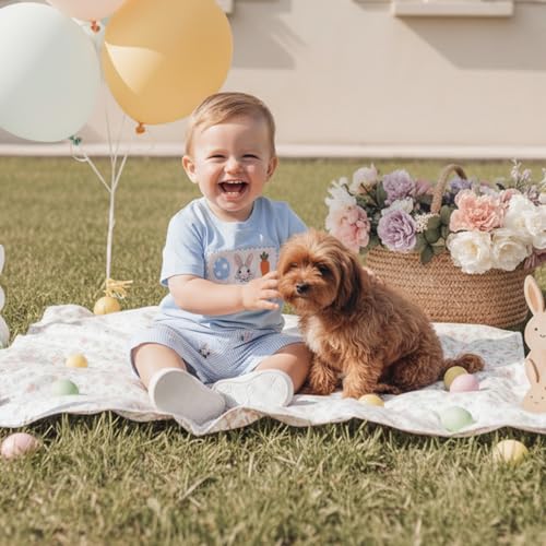 Image of Toddler Baby Boy Easter Rabbit Outfit Short Sleeve Bunny Carrot Smocked T-shirt Elastic Waist Shorts Summer Clothes