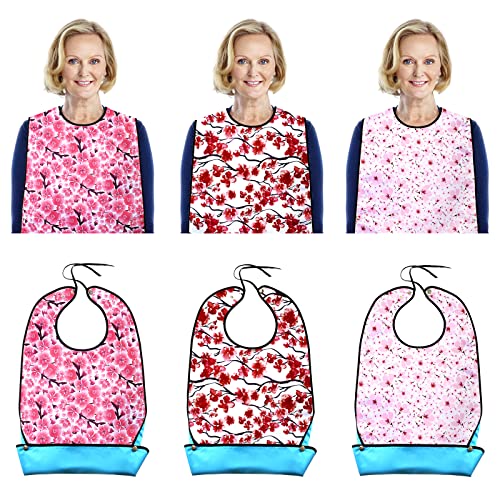 Taotazon Adult Bibs, 3 Packs Adult Bibs For Women Eating,Waterproof Washable Adult Clothing Protectors Bibs With Crumb Catcher(Cherry Blossoms) #TOP5