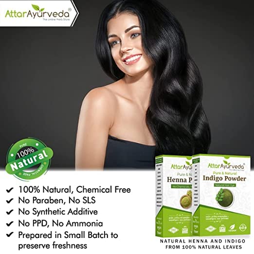 Drect Attar Ayurveda Natural Dye for Black Hair (Henna Leaves powder, Indigo leaves powder combo pack), Brown