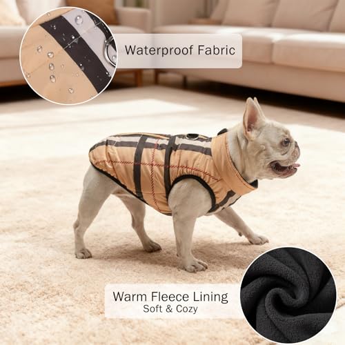 Image of SCENEREAL Winter Dog Vest Coat with Harness Built in for Small Medium Dogs | Warm Puppy Jacket, Cold Weather Coat with Zipper, Fleece Puffer Vest Windproof Snow Clothes, Beige Plaid