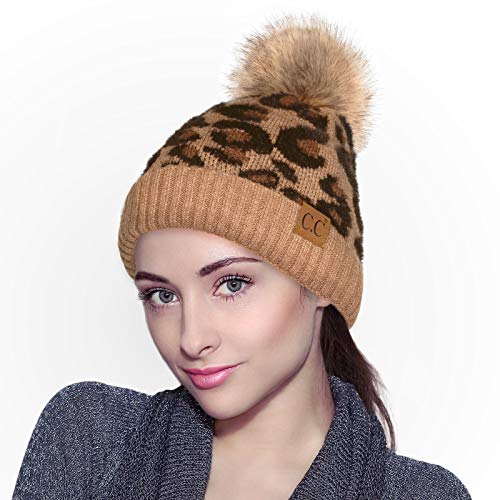 Image of C.C Exclusives Soft Beanie hat with Leopard Pattern and Fur Pom(HAT-7001)(SF-7001)