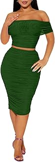 Women's Sexy Two Piece Skirt Set Mesh Off Shoulder Bodycon Ruched Midi Cocktail Party Dress Club Outfit