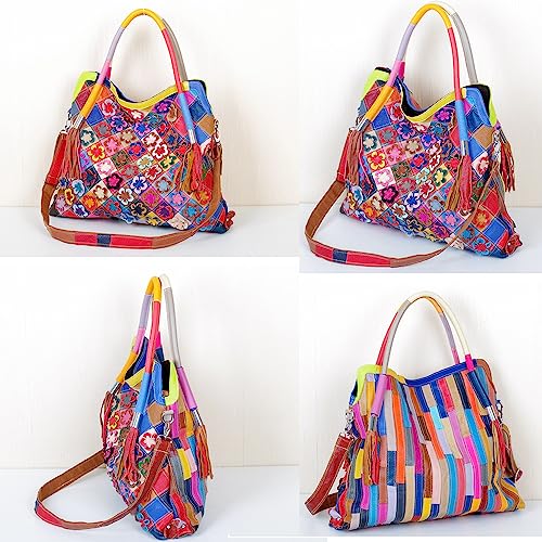 Downupdown Genuine Leather Handbags Womens Tote Shoulder Bag Satchel Handbag Multicolor Floral Purse Crossbody Bag Tassels #TOP2