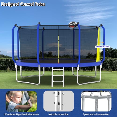 KEIKI Trampoline 14FT Trampolines with Enclosure Net, 1320LBS Outdoor Trampolines for Kids with Basketball Hoop-ASTM Approved Trampoline for Children and Adults with Ladder, Blue - Thumbnail 3