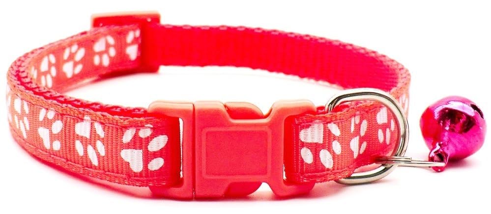 Dog Puppy Pet Small Medium Collar 2 Sizes Pawprint Design with Bell Nylon Adjustable Red Pink Watermelon M - Image 3