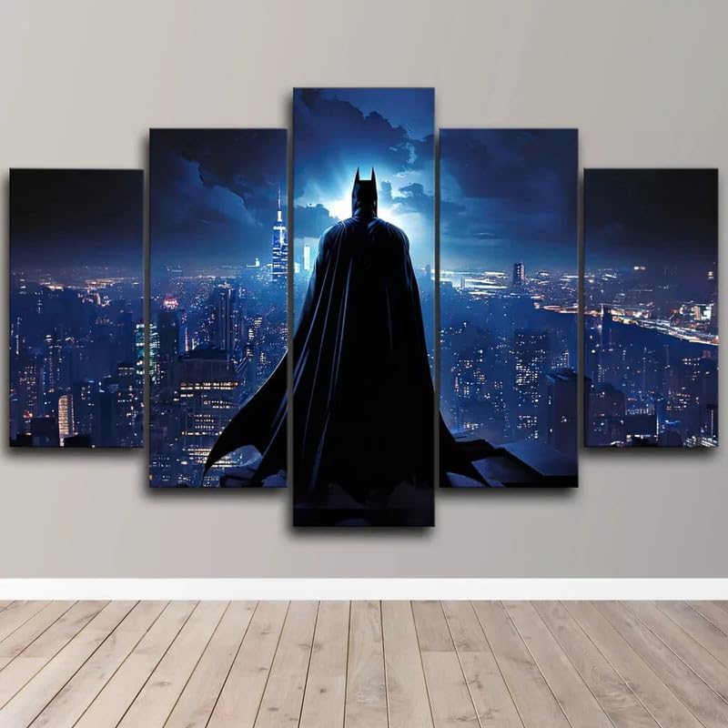 cyongshan Toile murale encadrée Batman surplombant Gotham City Dark Knight - 5 pièces - Décoration murale moderne pour salon, chambre à coucher, salle de...
