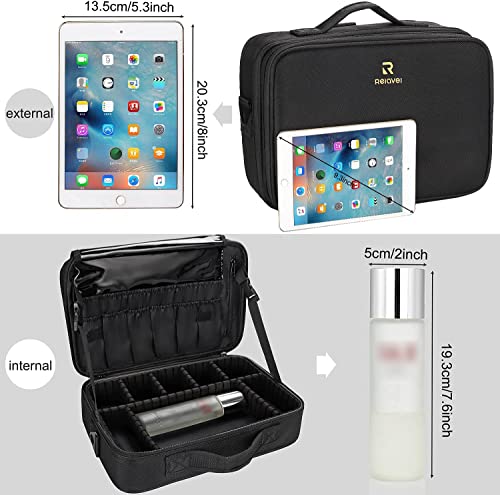 Relavel Makeup Bag Travel Makeup Train Case 13.8 Inches Large Cosmetic Case Professional Portable Makeup Brush Holder Organizer And Storage With Adjustable Dividers And Shoulder Strap Black #TOP6