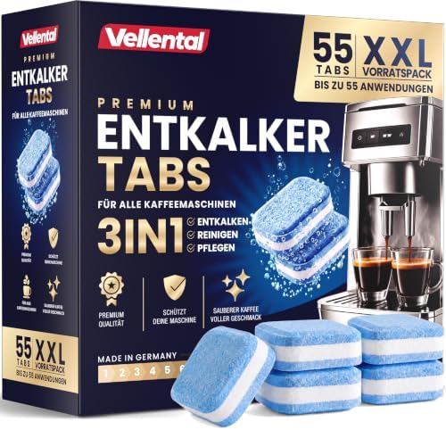 3-in-1 Entkalker für Kaffeevollautomaten & Kaffeemaschinen (55 Stück) - Entkalkungstabletten für Siemens EQ-Serie, Delonghi, Jura, Krups, Bosch, Miele, Melitta, Tassimo, WMF