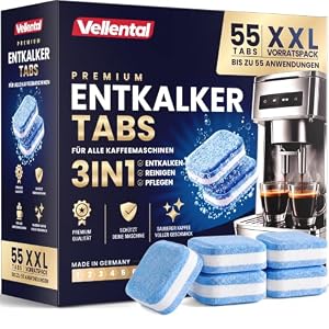 3-in-1 Entkalker für Kaffeevollautomaten & Kaffeemaschinen (55 Stück) - Entkalkungstabletten für Siemens EQ-Serie, Delonghi, Jura, Krups, Bosch, Miele, Melitta, Tassimo, WMF