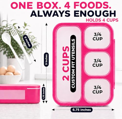 Image of kinsho Bento Lunch Box Kids & Adults. Meal and Snack Containers for Boys, Girls for School Work Travel, 4 Sealed Divided Compartments, BPA Free, Utensils (Rose Pink, 1 Pack)
