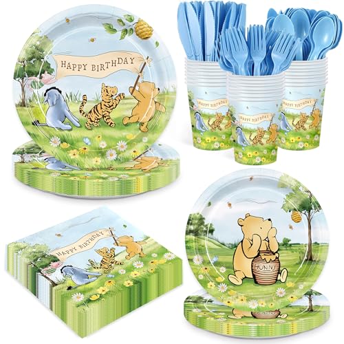 168pcs Winnie Plates Napkins Birthday Party Decorations Bear Paper Cups Disposable Tableware Set for Boys Kids Birthday Party Supplies 24 Guests