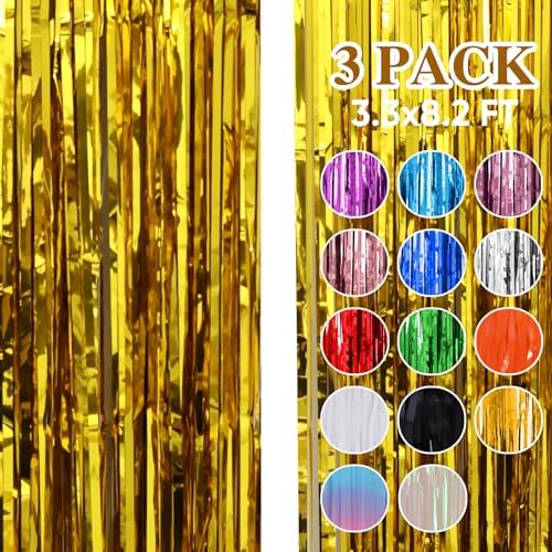 4 Tende Metalliche Feste Oro Nero,1 x 2m Frange Scintillanti Foil Tenda Sfondo per Sfondo FotograficoCompleanno,Matrimonio,Halloween,Capodanno Carnevale,Anniversario,Pensione,Laurea Decorazioni