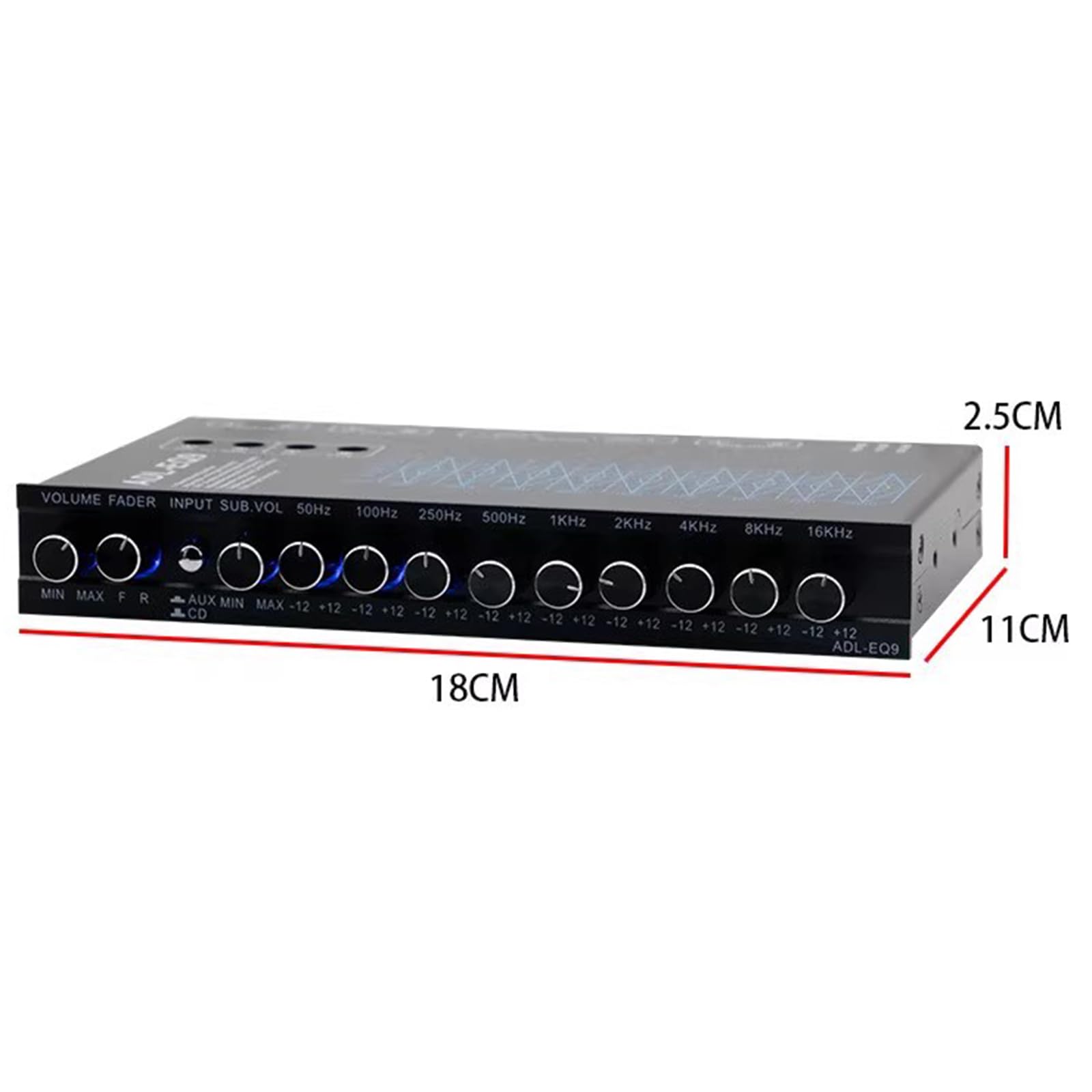 Ecualizador gráfico de 9 Bandas, preamplificador estéreo de Alta fidelidad con Ajuste de Ganancia y Salidas Frontal, Trasera y Subwoofer