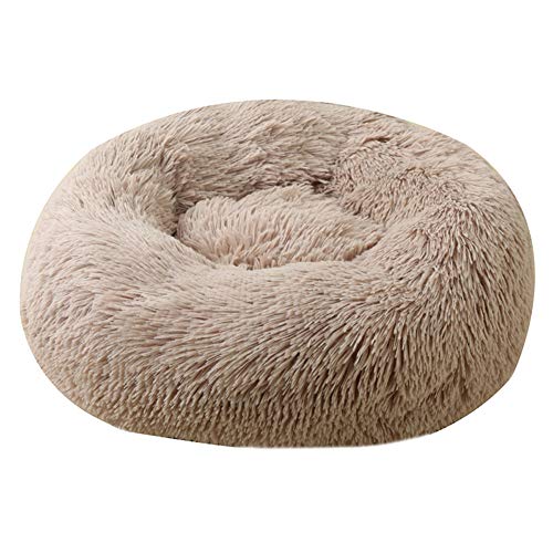 Gqiu Cama suave y lavable para mascotas, cómoda para gatos, perros, donuts, esponjosa, calmante, para cachorros, mascotas, saco de dormir redondo cálido y cálido, cojín para casera, color caqui, 60 cm