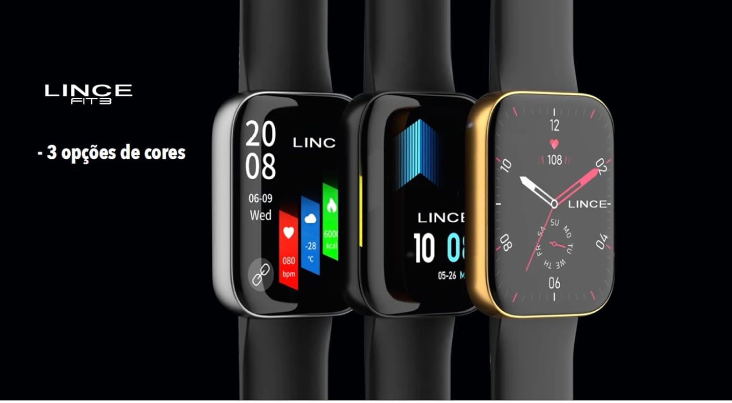Three LINCE Fit 3 smartwatches in different color options (silver, black, gold) displaying various customizable watch faces.