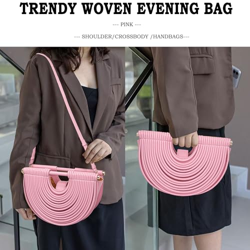 Image of Trendy Woven Evening Clutch Purse Half Round Designer Shoulder /Crossbody Bag Top-Handle Satchel Handbags