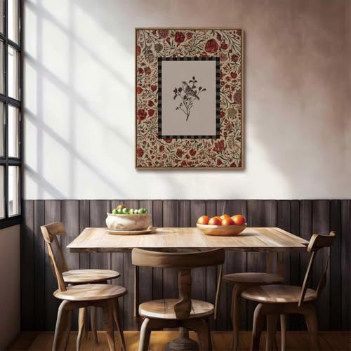 Image of KISSFOX Vintage Framed Wall Art Decor Rustic Flowers Birds Pictures Wall Decor Botanical Floral Canvas Art Prints Red Natural Farmhouse Paintings Artwork For Bedroom Kitchen Living Room