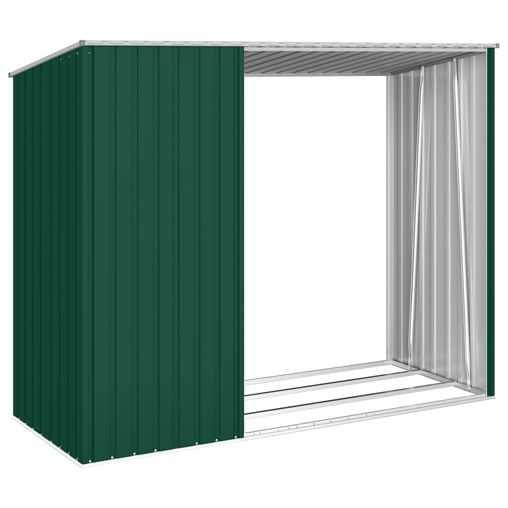 Domek ogrodowy 2 w 1 zielony 245 x 98 x 159 cm ze stali ocynkowanej, szopa zewnętrzna drewniana z stojakiem na drewno opałowe, narzędzia i meble ogrodowe
