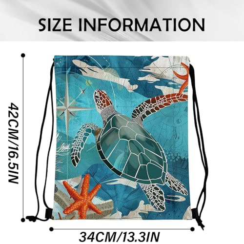 Drawstring Backpack Draw String Sports Bags for Gym Travel Beach Waterproof Cute Sackpack Men Women Aesthetic (13"×17")-Sea Turtle2