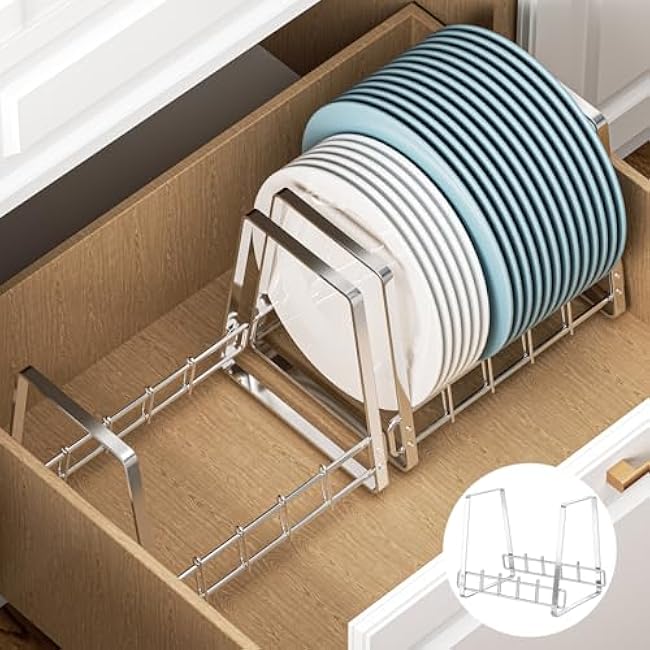 Plates Organizer for Kitchen Cabinets Space Saver, Plate and Bowl Organizer Rack, Stainless Steel Dish Storage Rack Cabinet Plate Holder for Countertop