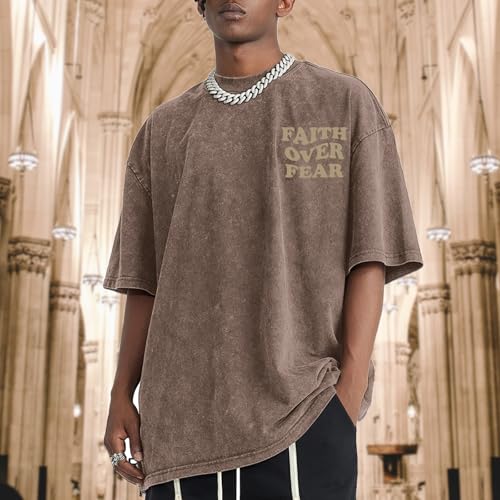 Image of Christian Shirts for Men Faith Over Fear Oversized Shirt Acid Wash Tshirt Graphic Religious T Shirt Bible Verse Tees