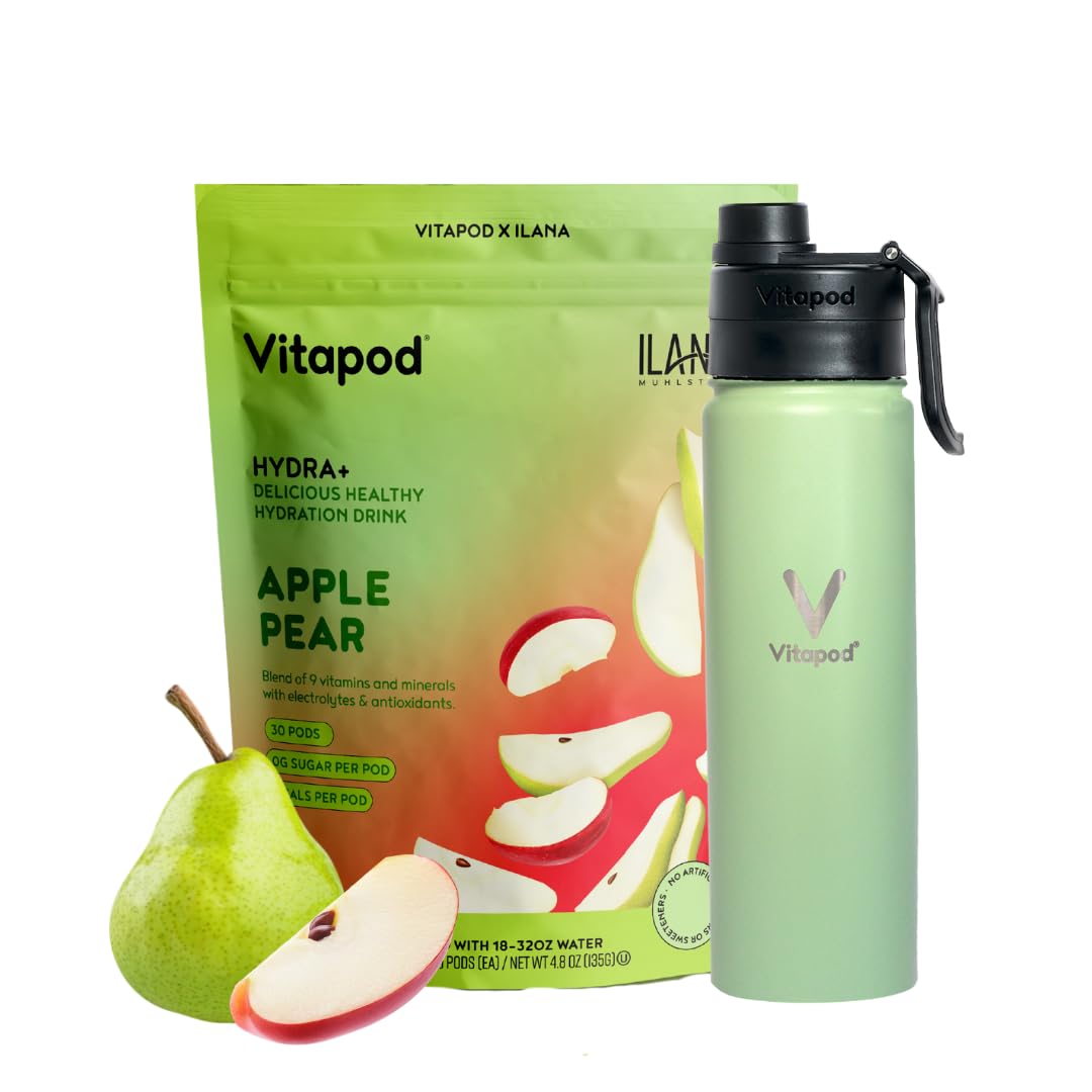 Vitapod x Ilana Muhlstein Hydra+ Apple Pear Flavored Water Enhancer Pods Starter Bundle, Sugar Free, Vitamin C, Vitamin D, Zinc, 30 Pods, 22 oz Stainless Steel Water Bottle, Sage Green